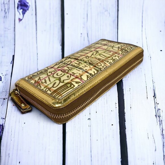 COACH Tattersall Large Zip Around Wallet Gold Signature Coated Canvas & Leather - Picture 6 of 9